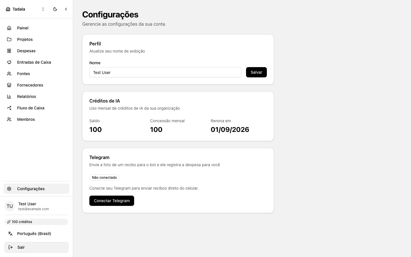 Tela de configurações