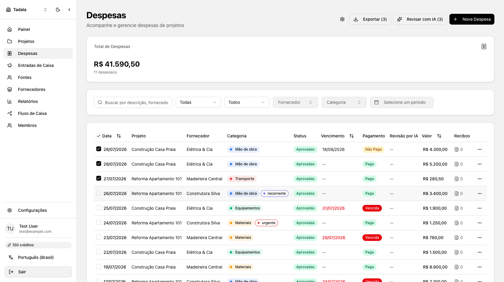 Lista de despesas