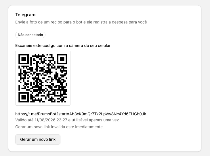 Configurações com o código QR de conexão do Telegram